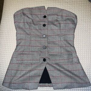 Strapless Plaid Peplum Button Up Top - Gray/Black with Red Accent